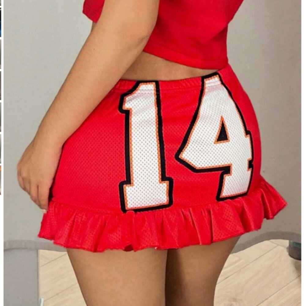 SHEIN ICON Low Waist Numeric Print Ruffle Hem Red Mini Skirt Skort 14 Size L